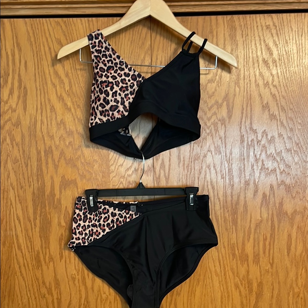Leopard Print and Black Bikini Set